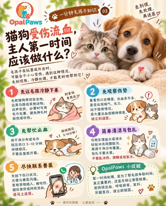 Opal Paws graphic (in Chinese) showing first-aid steps for a bleeding cat or dog