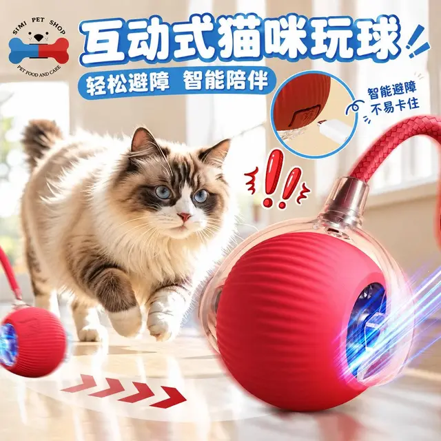 猫咪追逐红色智能玩具球