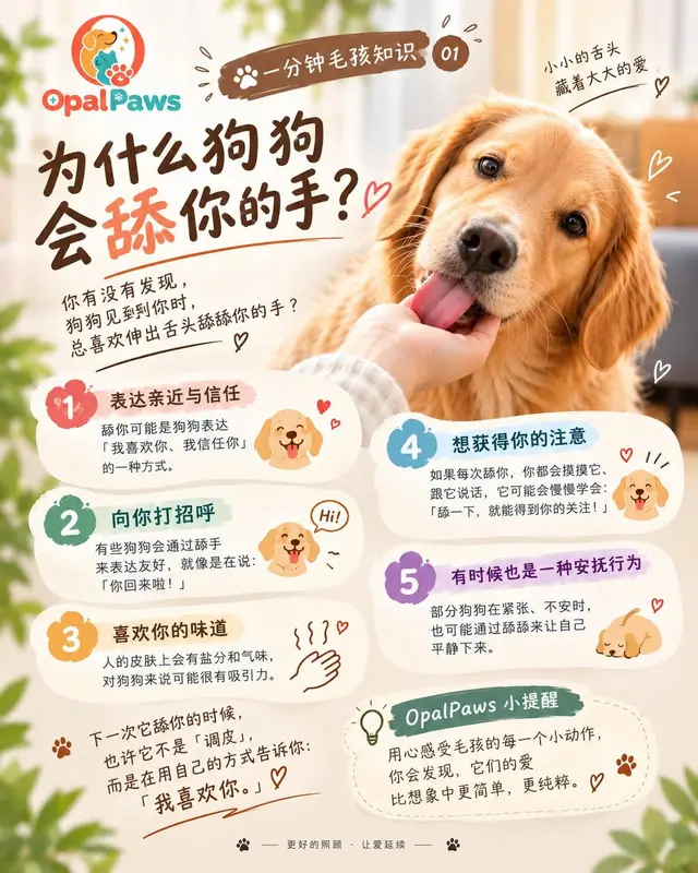 Opal Paws "one-minute pet facts" graphic (in Chinese) about why dogs lick your hand
