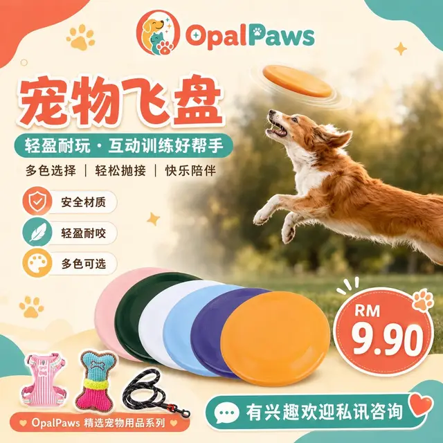 Opal Paws 宠物飞盘宣传图：多种颜色的飞盘和跃起接盘的狗狗