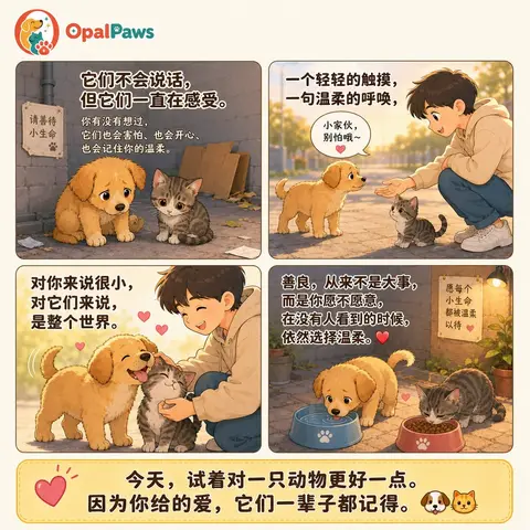 Opal Paws 漫画：一位年轻人温柔地安抚并喂食流浪小狗和小猫