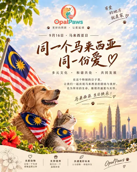 Opal Paws 马来西亚日贺图：戴着国旗领巾的狗狗和猫咪，背景是吉隆坡市景
