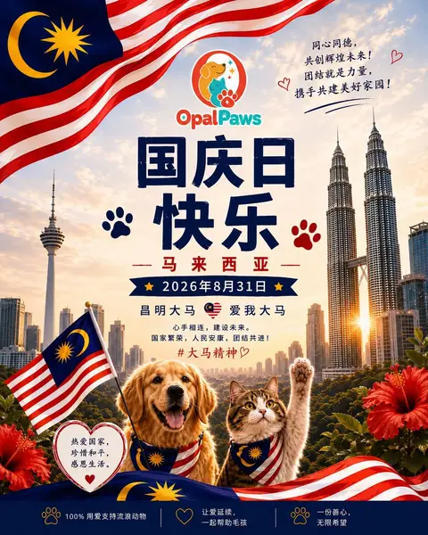Opal Paws 国庆日贺图：狗狗和猫咪、马来西亚国旗与双子塔