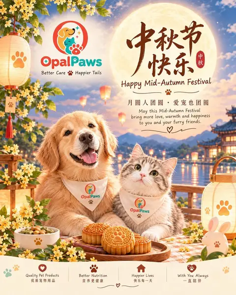 Opal Paws 中秋节贺图：金毛狗和猫咪在圆月下，旁边有月饼