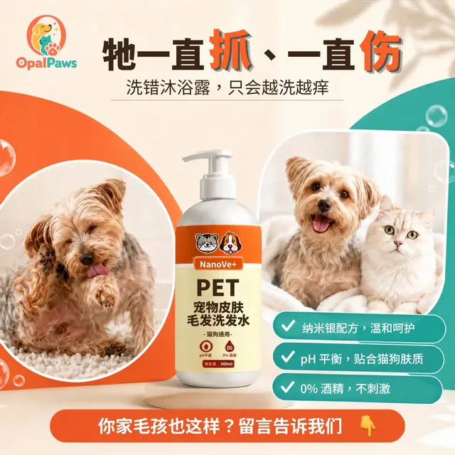 NanoVet+ 宠物洗护香波和一只小狗、一只猫