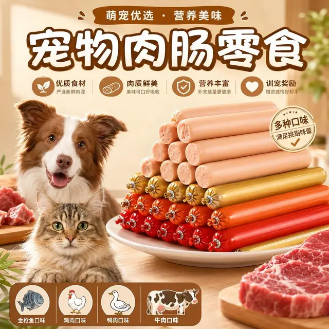 宠物肉肠零食宣传图，一只狗和一只猫