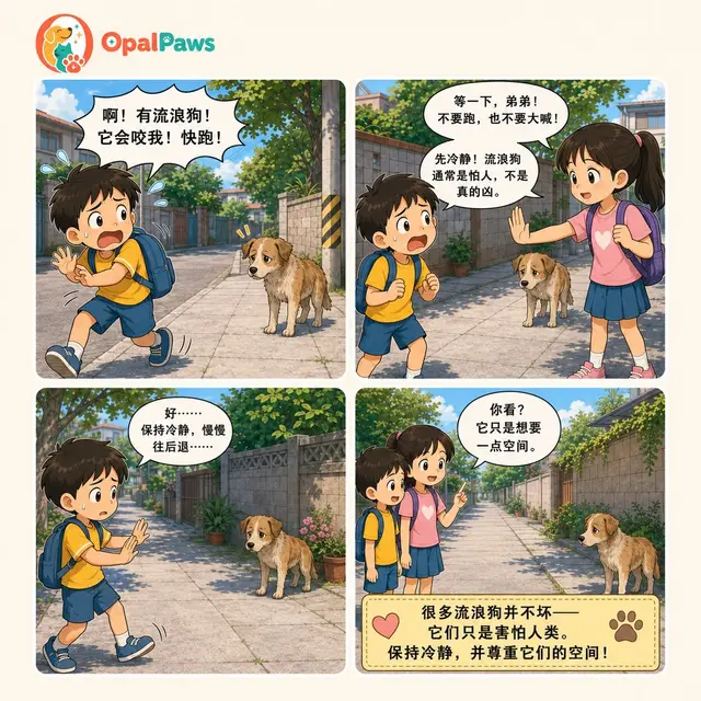 Opal Paws 漫画：路人遇到吠叫的流浪狗