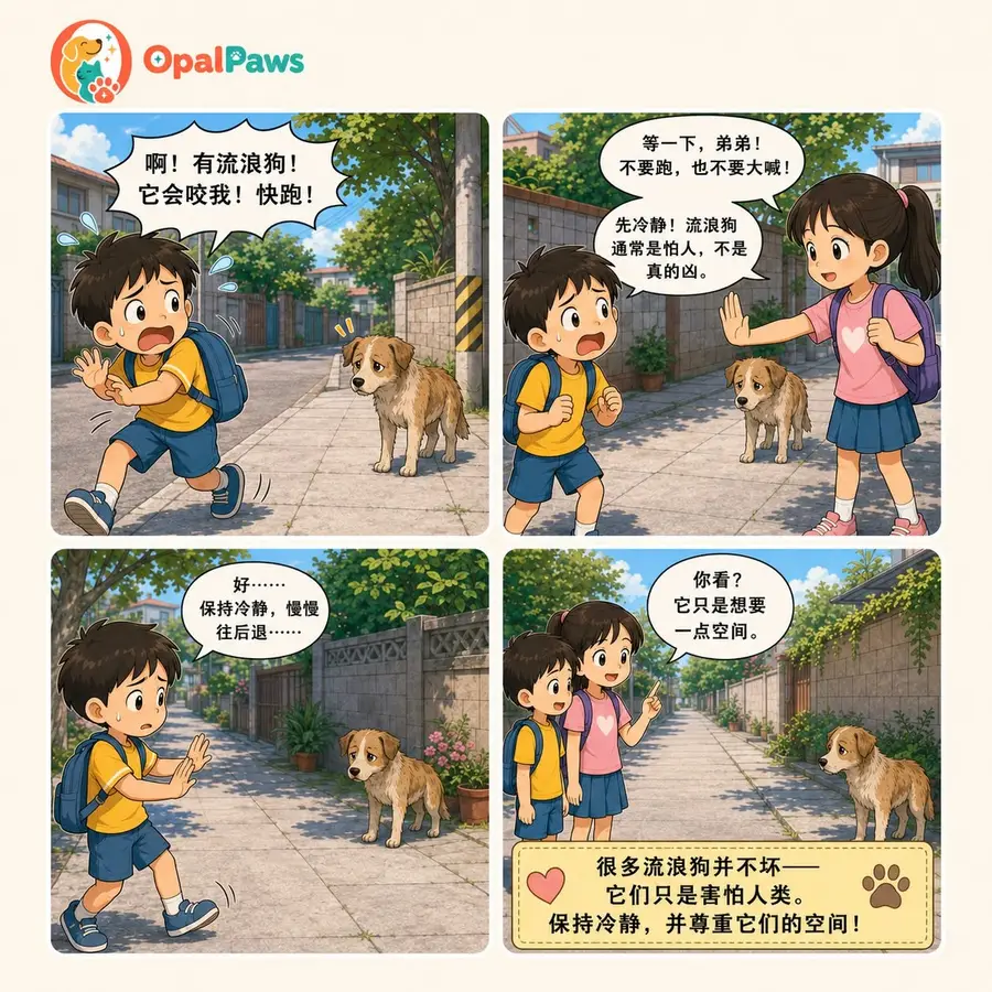 Opal Paws 漫画：路人遇到吠叫的流浪狗