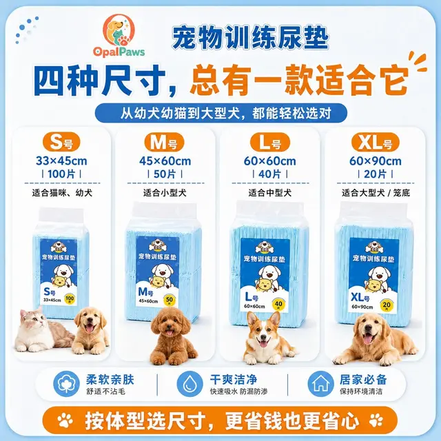 Opal Paws 宠物训练尿垫四种尺寸介绍图